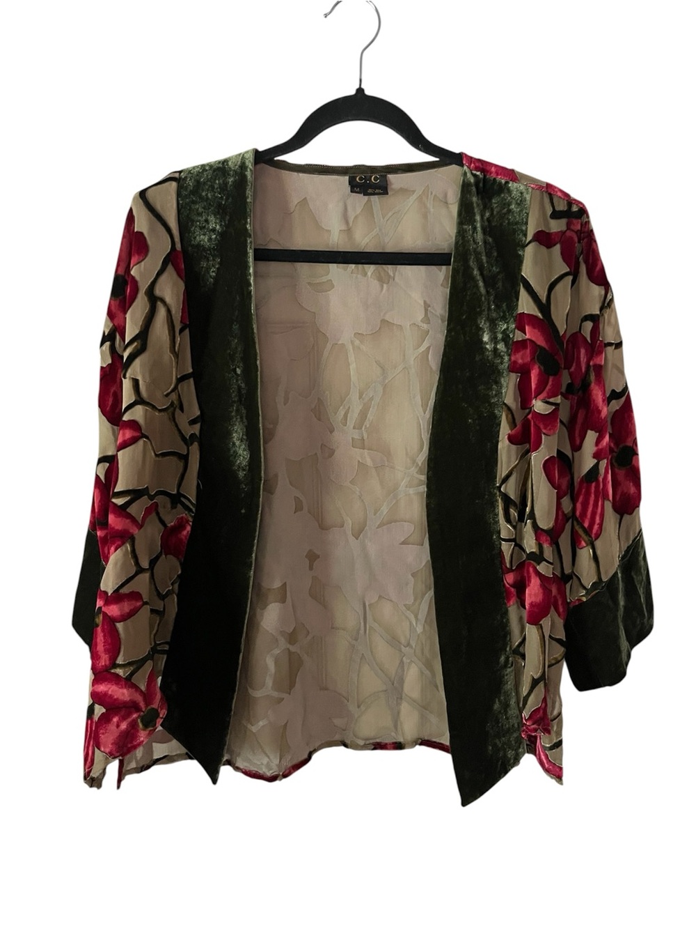 C.C Black Label SzM Sheer Green Floral Silk Blend Open Front Jacket, Velvet Trim